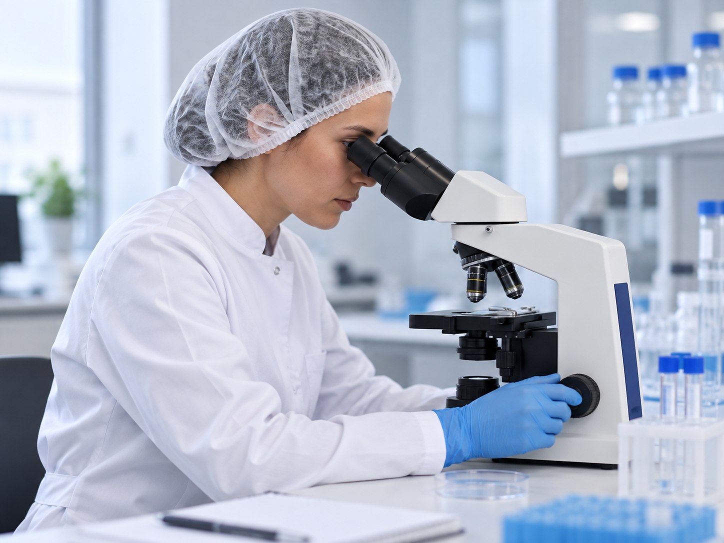 KI-generiertes Symbolbild: Wissenschaftlerin am Mikroskop im Labor